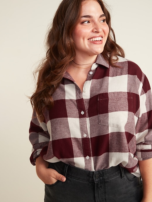 View large product image 1 of 2. Plaid Flannel No-Peek Boyfriend Plus-Size Shirt