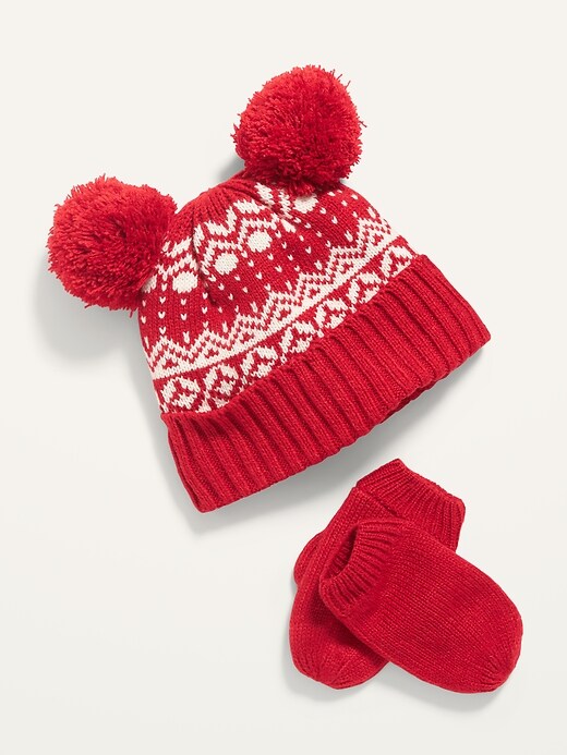 View large product image 1 of 1. Unisex Fair Isle Pom-Pom Beanie and Mittens Set for Toddler