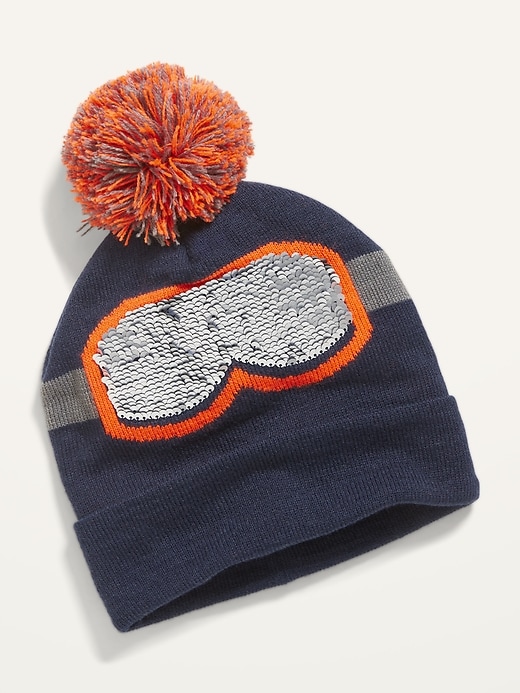 View large product image 1 of 2. Flip-Sequin Graphic Pom-Pom Beanie For Boys