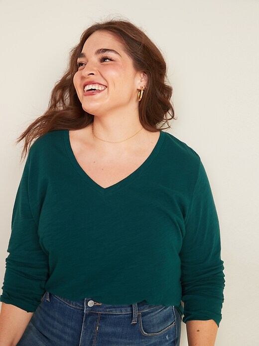 EveryWear Slub-Knit V-Neck Plus-Size Long-Sleeve Tee