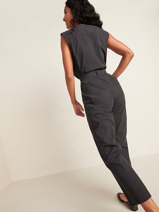 View large product image 2 of 3. Sleeveless Canvas Tie-Belt Utility Jumpsuit for Women