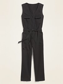 View large product image 3 of 3. Sleeveless Canvas Tie-Belt Utility Jumpsuit for Women