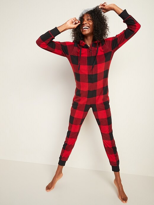 Image number 1 showing, Patterned Micro Performance Fleece Hooded One-Piece Pajamas
