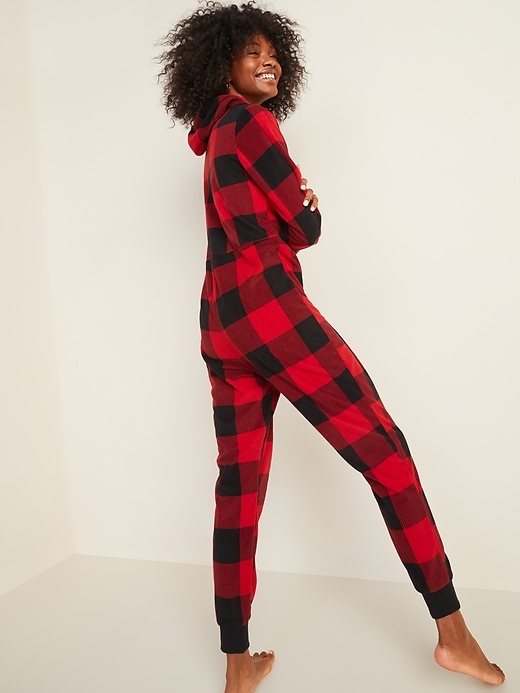 Image number 2 showing, Patterned Micro Performance Fleece Hooded One-Piece Pajamas