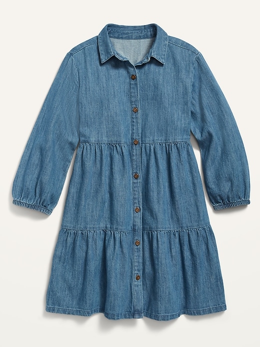 View large product image 1 of 1. Medium-Wash Tiered Shirt Dress for Girls