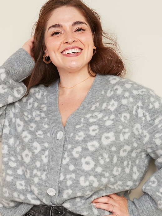View large product image 1 of 3. Leopard-Print V-Neck Plus-Size Button-Front Cardigan Sweater