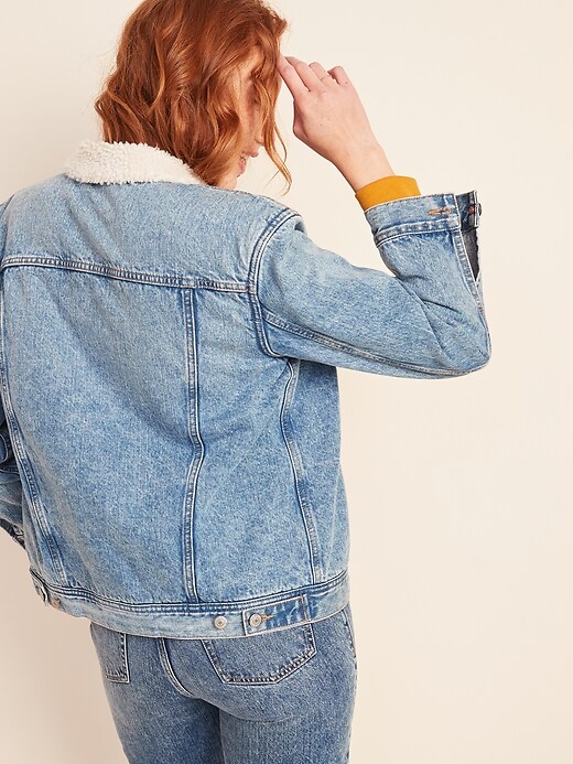 View large product image 2 of 3. Oversized Sherpa-Lined Boyfriend Jean Jacket for Women