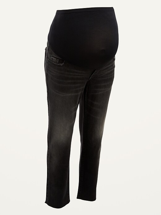 View large product image 1 of 1. Maternity Full Panel Straight Black Cut-Off Jeans