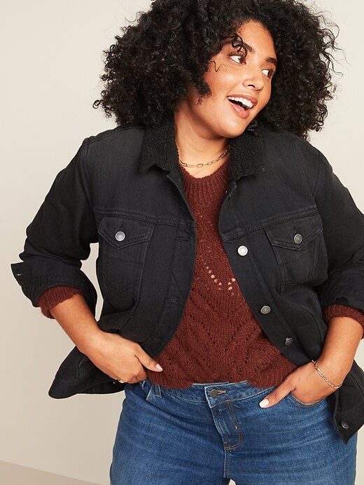 View large product image 1 of 3. Sherpa-Lined Boyfriend Plus-Size Black Jean Jacket