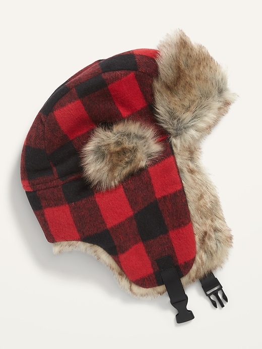 View large product image 1 of 1. Cozy Patterned Flannel Faux-Fur Trim Trapper Hats