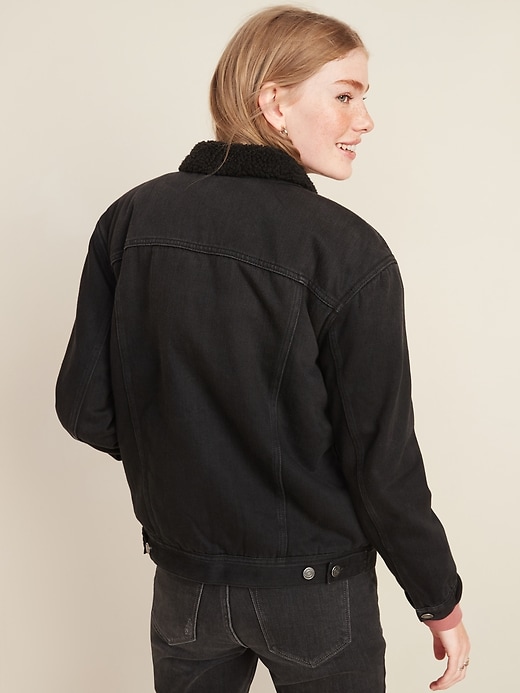 View large product image 2 of 3. Oversized Sherpa-Lined Boyfriend Black Jean Jacket for Women