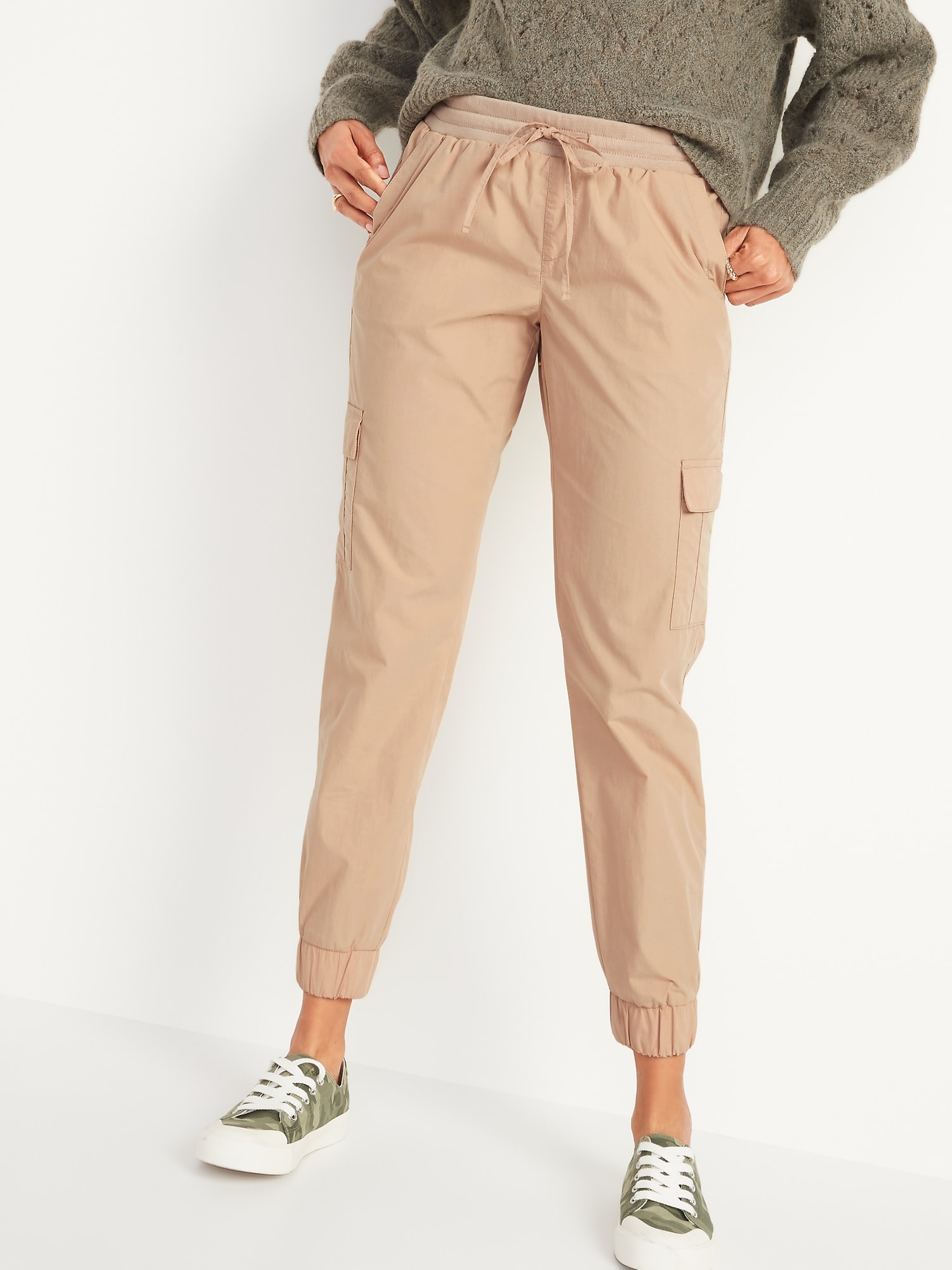 Mid-Rise Rib-Knit Waist Soft-Woven Cargo Jogger Pants for Women