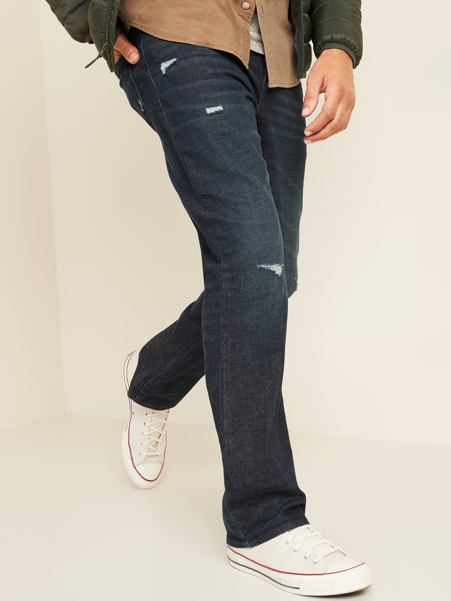 Built-In Flex Dark-Wash Ripped Boot-Cut Jeans for Men