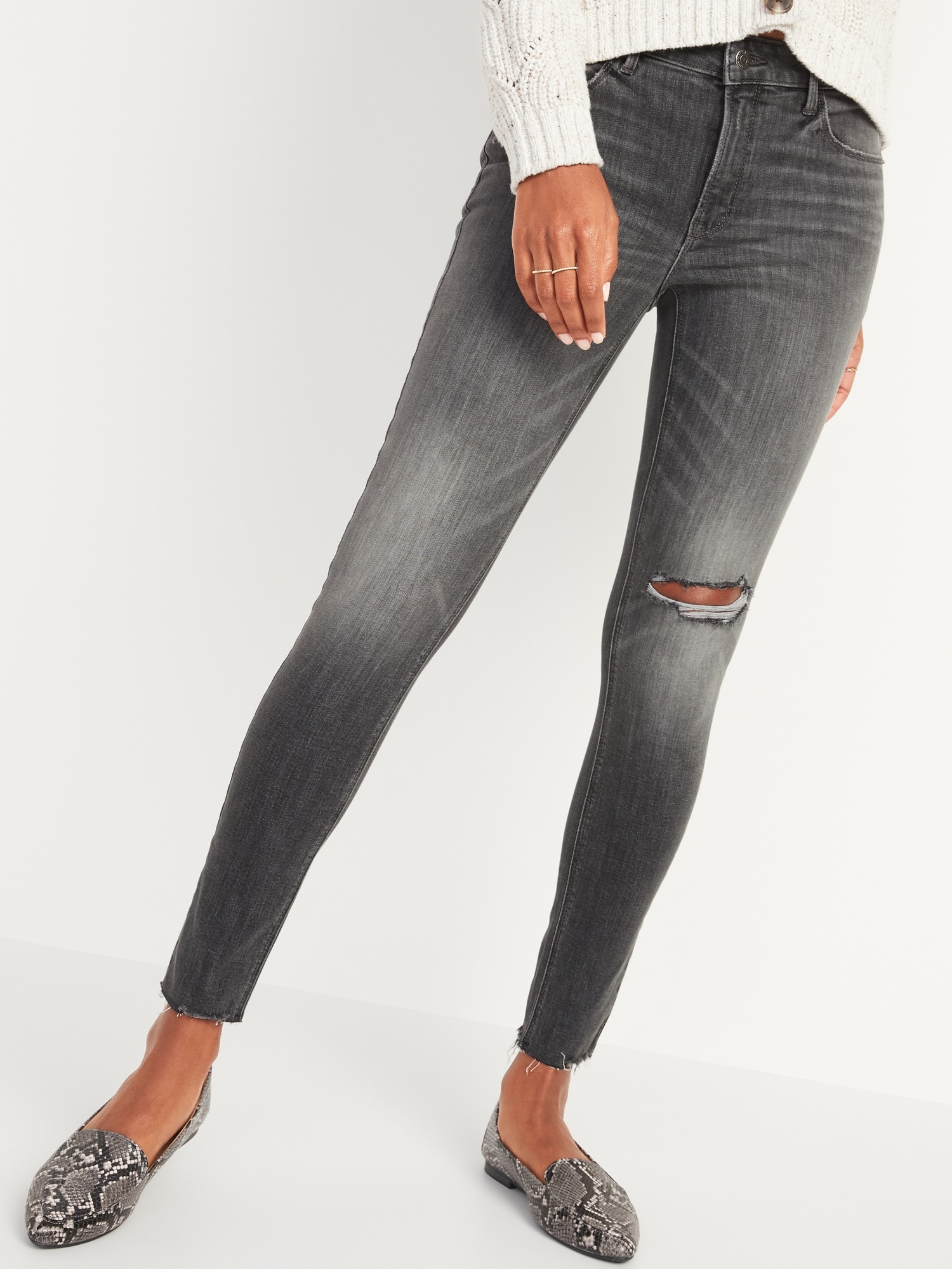 Mid-Rise Rockstar Super Skinny Ripped Gray Cut-Off Jeans for Women