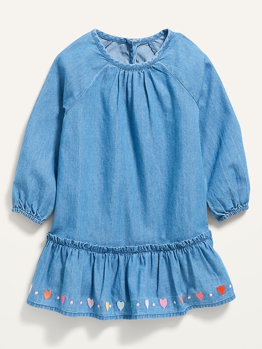 View large product image 1 of 2. Embroidered-Heart Peplum-Hem Chambray Dress for Toddler Girls