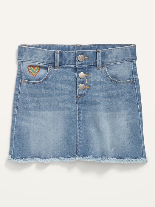 View large product image 1 of 2. Embroidered-Heart Button-Fly Frayed-Hem Jean Skirt for Toddler Girls
