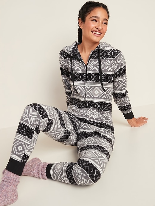 Old Navy Patterned Micro Performance Fleece Hooded One-Piece Pajamas for Women. 1