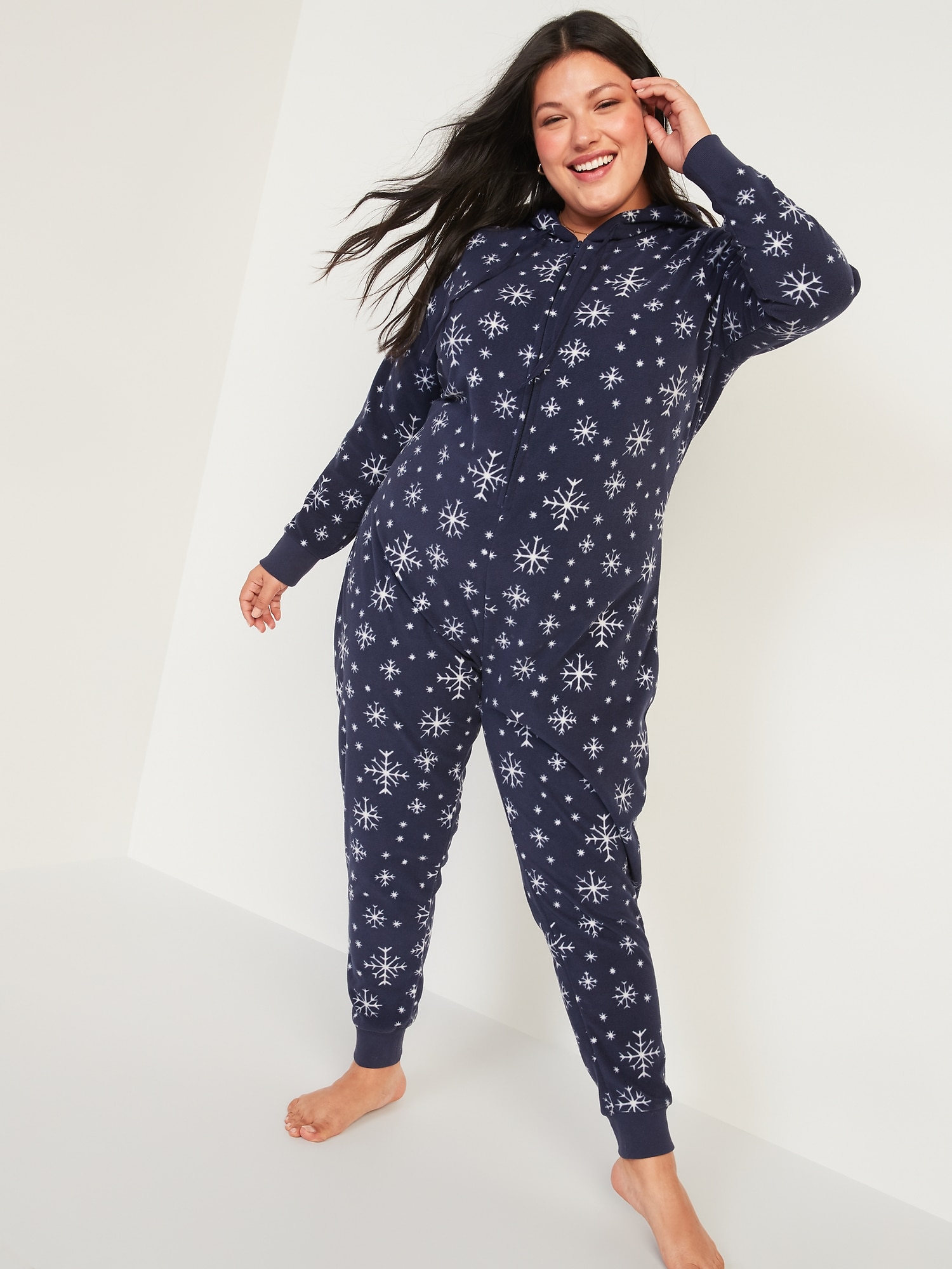 Patterned Micro Performance Fleece Hooded Plus-Size One-Piece Pajamas ...