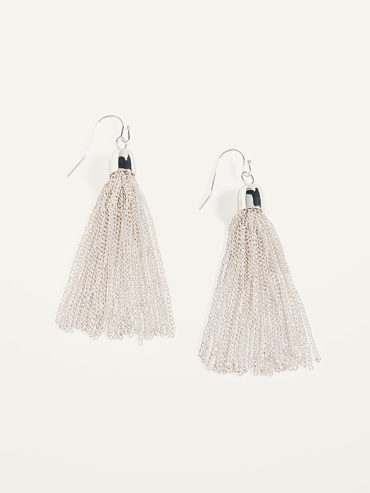View large product image 1 of 2. Silver-Toned Chain Tassel Drop Earrings For Women