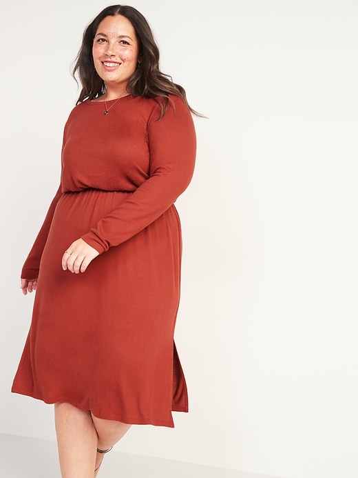 View large product image 1 of 2. Cozy Plush-Knit Waist-Defined Plus-Size Midi Dress