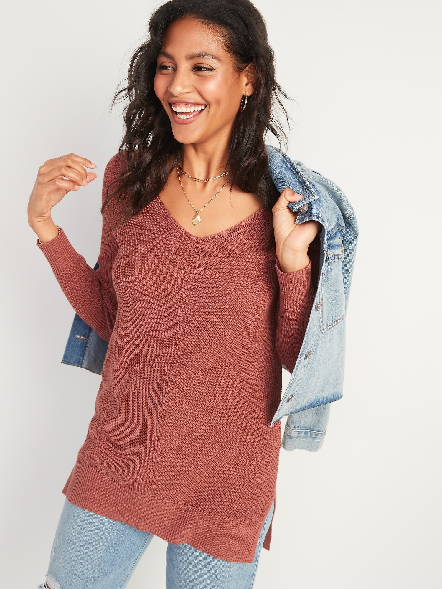 Striving For Greatness V-Neck Tunic Sweater (Carrot)
