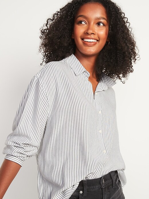 View large product image 1 of 3. Oversized Soft-Woven Pinstripe Tunic Shirt for Women