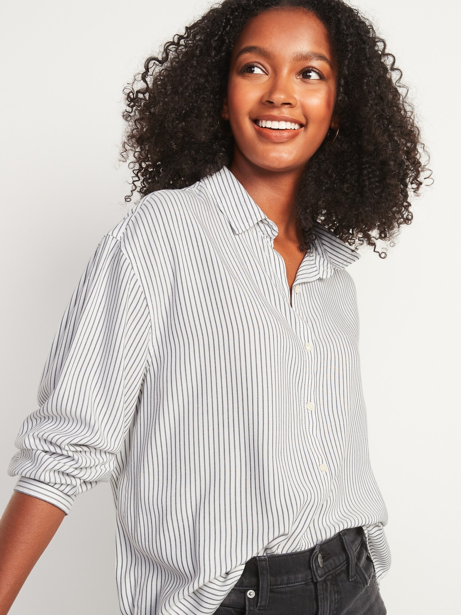 Oversized Soft-Woven Pinstripe Tunic Shirt for Women