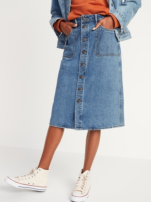 View large product image 1 of 3. Mid-Rise Button-Front Midi Jean Skirt for Women