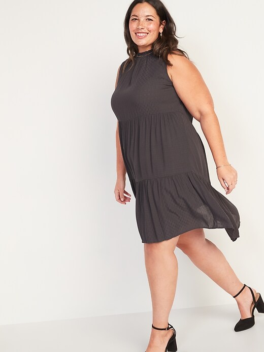 Image number 1 showing, Sleeveless Textured-Dobby Tiered Plus-Size Swing Dress