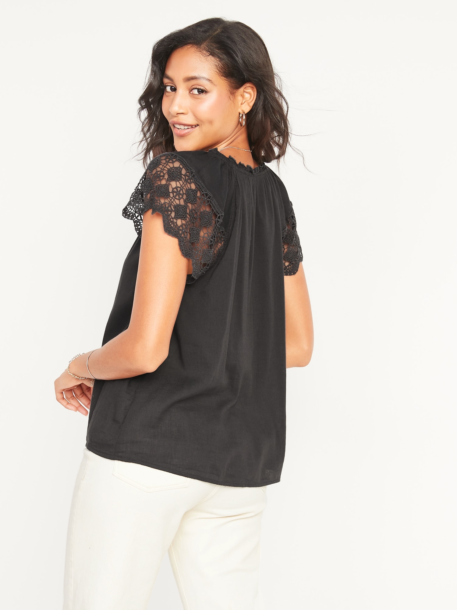 Relaxed Tie-Neck Crochet-Lace Sleeve Blouse for Women | Old Navy