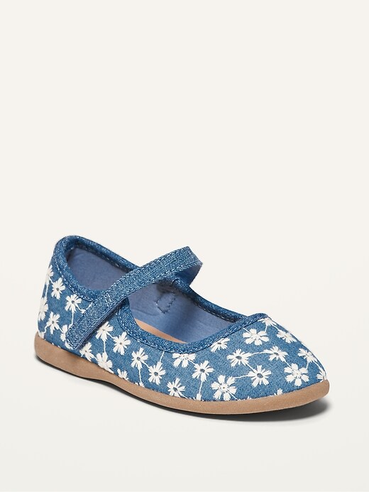 View large product image 1 of 4. Floral-Embroidered Chambray Mary-Jane Flats for Toddler Girls