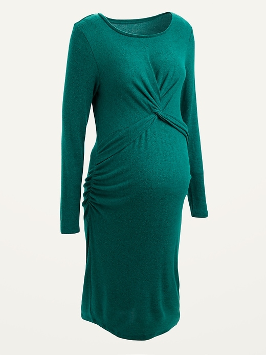 View large product image 1 of 1. Maternity Cozy Plush-Knit Twist-Front Bodycon Dress