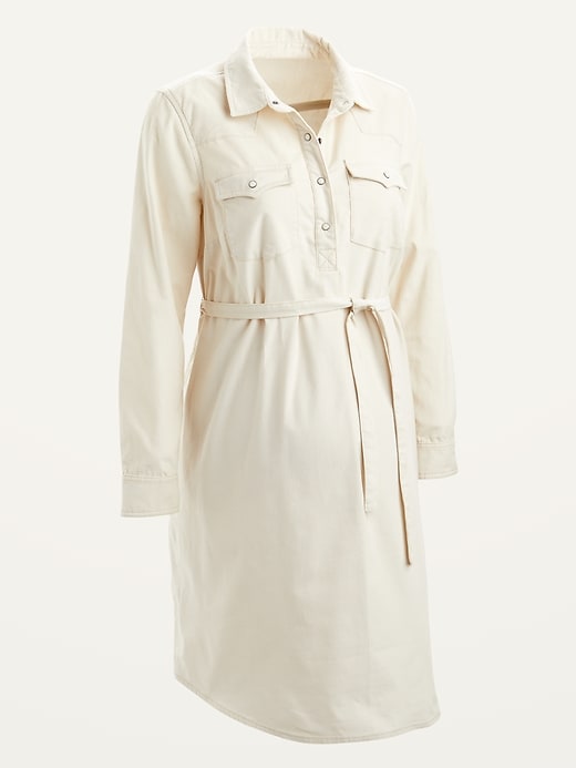 View large product image 1 of 1. Maternity Corduroy Western Tie-Belt Shirt Dress