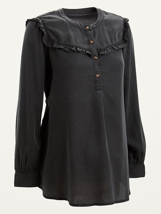 View large product image 1 of 1. Maternity Ruffle-Yoke Black Chambray Popover Shirt