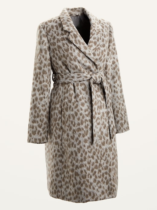View large product image 1 of 1. Maternity Oversized Soft-Brushed Leopard-Print Tie-Belt Coat