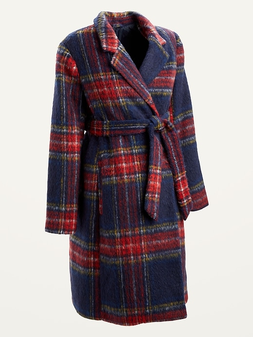 View large product image 1 of 1. Maternity Oversized Plaid Tie-Belt Overcoat