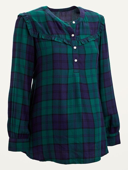 View large product image 1 of 1. Maternity Ruffle-Yoke Plaid Flannel Tie-Back Top