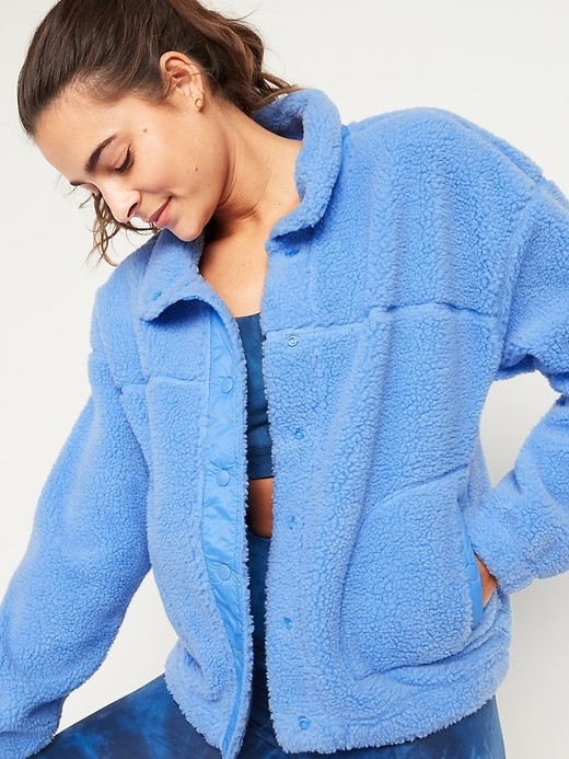 View large product image 1 of 3. Cozy Sherpa Snap-Front Flurry Crop Jacket