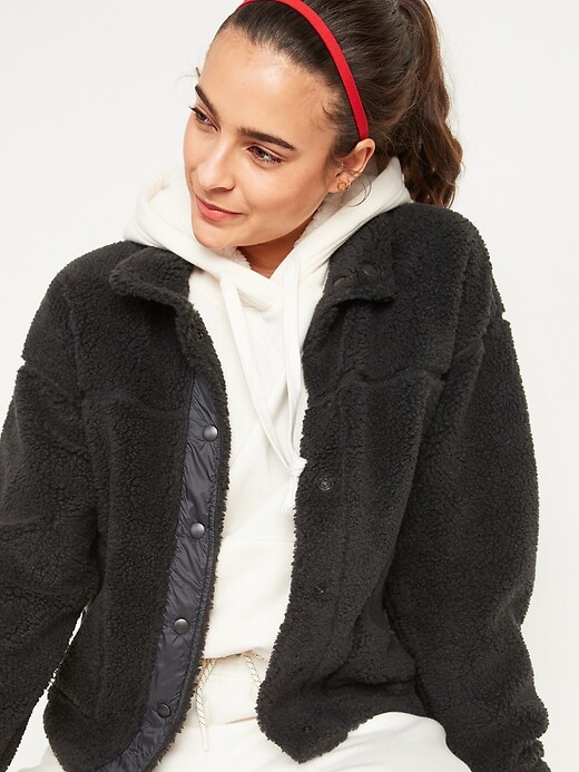 View large product image 1 of 3. Cozy Sherpa Snap-Front Flurry Crop Jacket