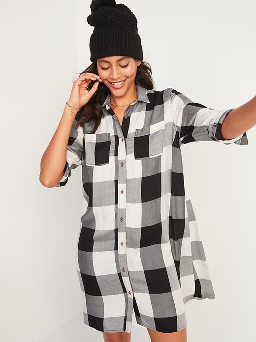 Image number 3 showing, Buffalo Plaid Flannel Swing Shirt Dress for Women