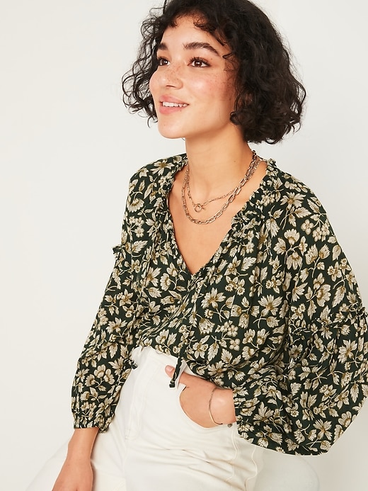 Image number 3 showing, Ruffled Tie-Neck Floral-Print Poet Blouse for Women