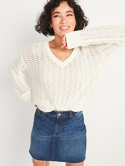 View large product image 1 of 2. Textured Pointelle-Knit V-Neck Sweater for Women