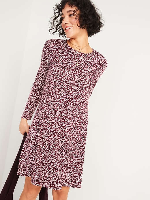 Image number 1 showing, Printed Jersey-Knit Long-Sleeve Swing Dress