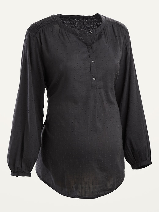 View large product image 1 of 1. Maternity Oversized Textured Clip-Dot Tie-Back Popover Blouse
