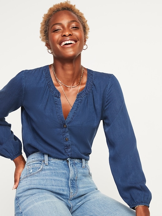 View large product image 1 of 3. Chambray Split-Neck Popover Blouse for Women
