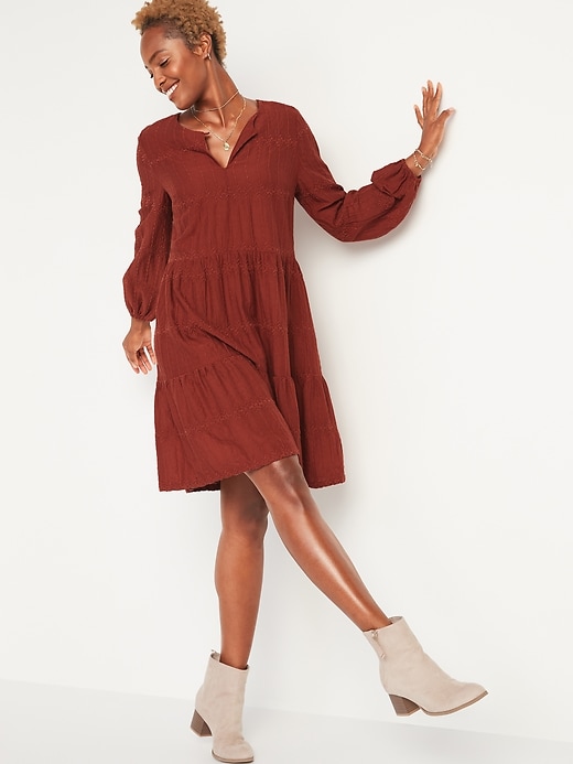 Image number 1 showing, Embroidered Tiered-Hem Swing Dress for Women