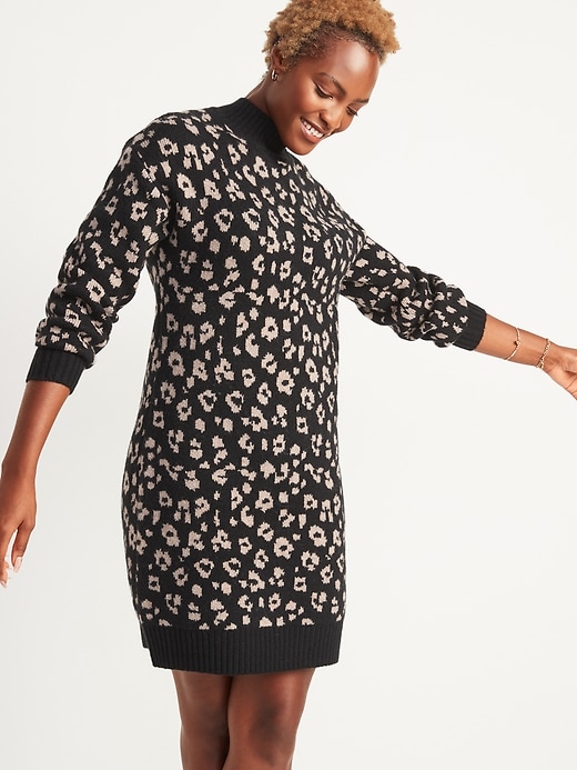 Image number 1 showing, Leopard-Print Mock-Neck Sweater Shift Dress for Women
