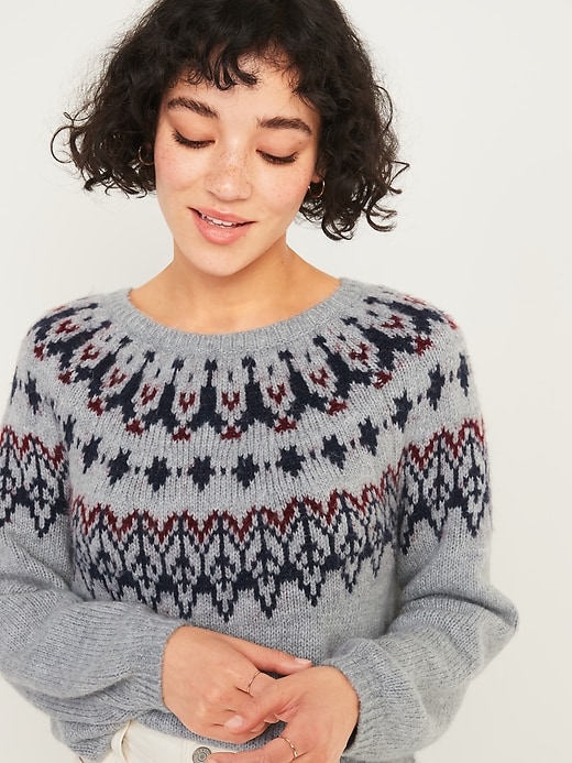 View large product image 1 of 2. Cozy Fair Isle Blouson-Sleeve Sweater for Women