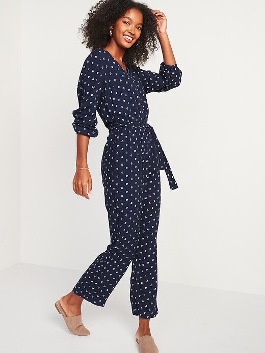 Modalite Net Old Navy Printed V Neck Tie Belt Jumpsuit For Women