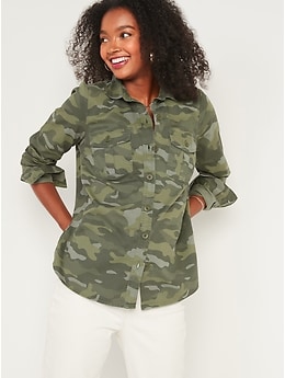 Relaxed Twill Utility-Pocket Tunic Shirt for Women